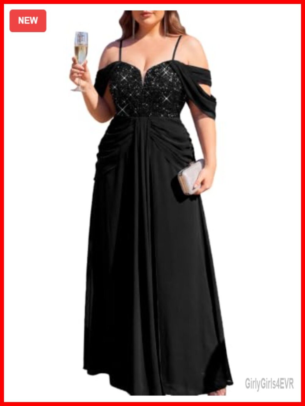 Plus Size Sequin Chiffon A-Line Maxi Prom Dress Off-Shoulder Formal Gown
